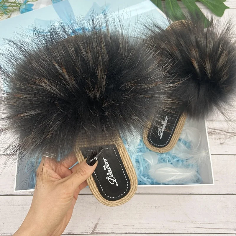 Natural Fox Real Fur Synthetic Straw Flip Flops Flat Slippers for Women