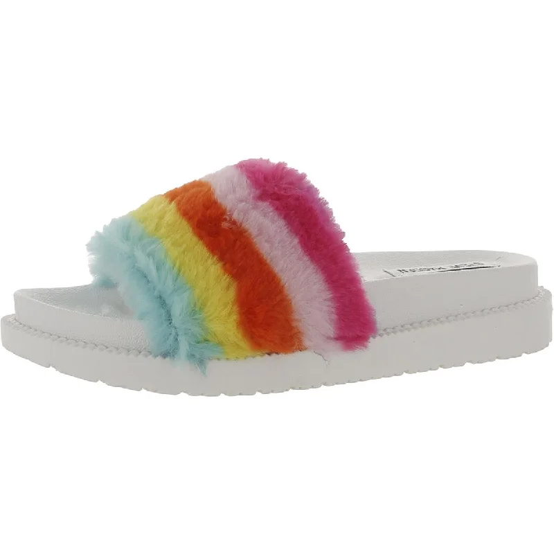 Steve Madden Womens Sophlyn Faux Fur Rainbow Slide Slippers