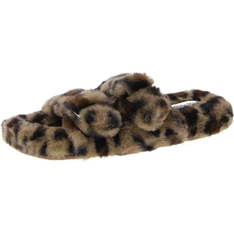 Steve Madden Womens Staycation Buckle Animal Print Slide Slippers