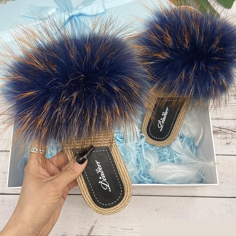 Women's Luxury Natural Fox Fur Beach Slides Flat Flip Flops Straw Slippers