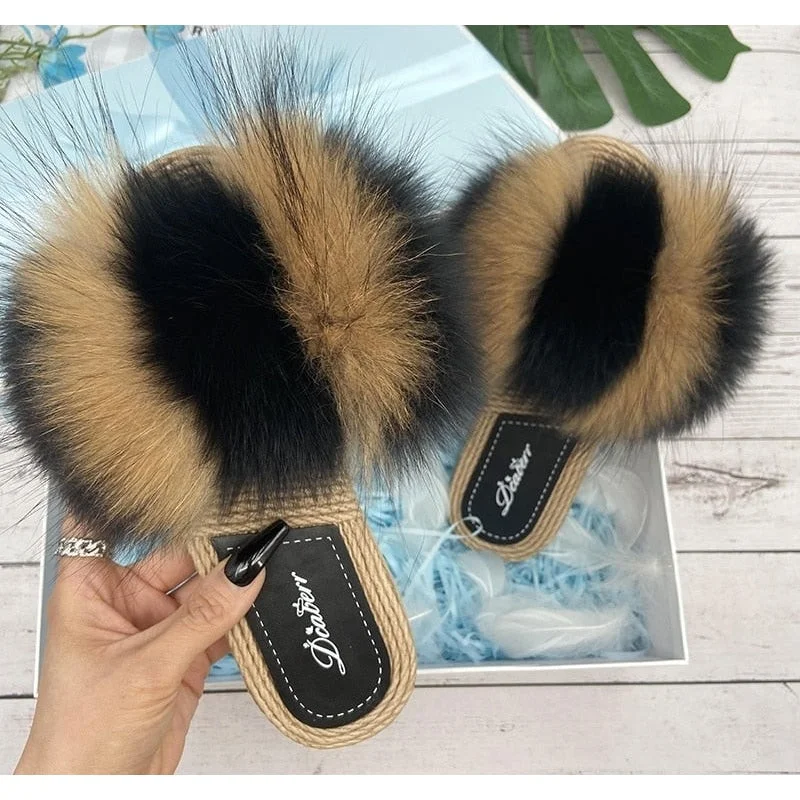 Women's Summer Real Fur Synthetic Straw Natural Fox Flip Flops Flat Slippers